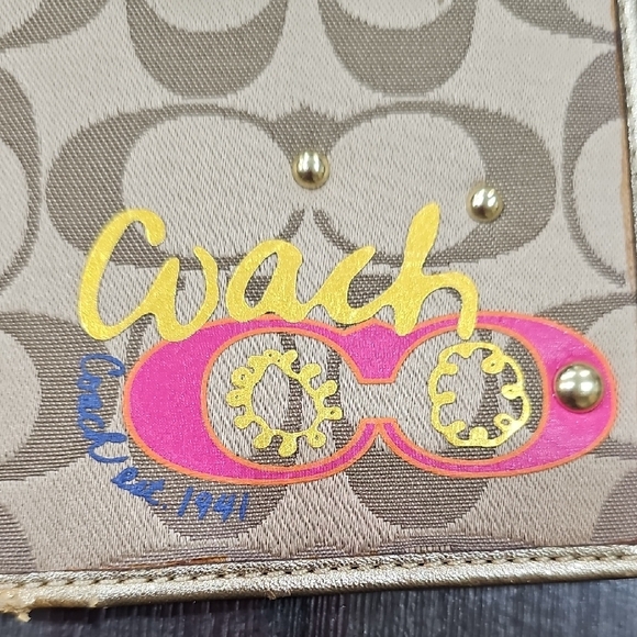 Coach Tan Signature Canvas Passport Holder with Pink & Yellow Logo - Picture 8 of 8